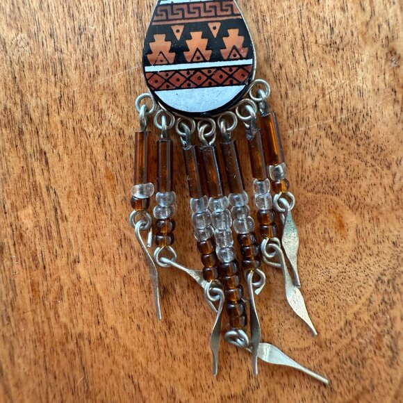 Native American Style Beaded Brown, Black, Cream, Peachy Orange Beaded Earrings - Picture 5 of 5